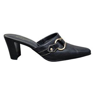 Liz Claiborne Flex Black Leather Buckle Slide Dressy Heel Mules Shoes